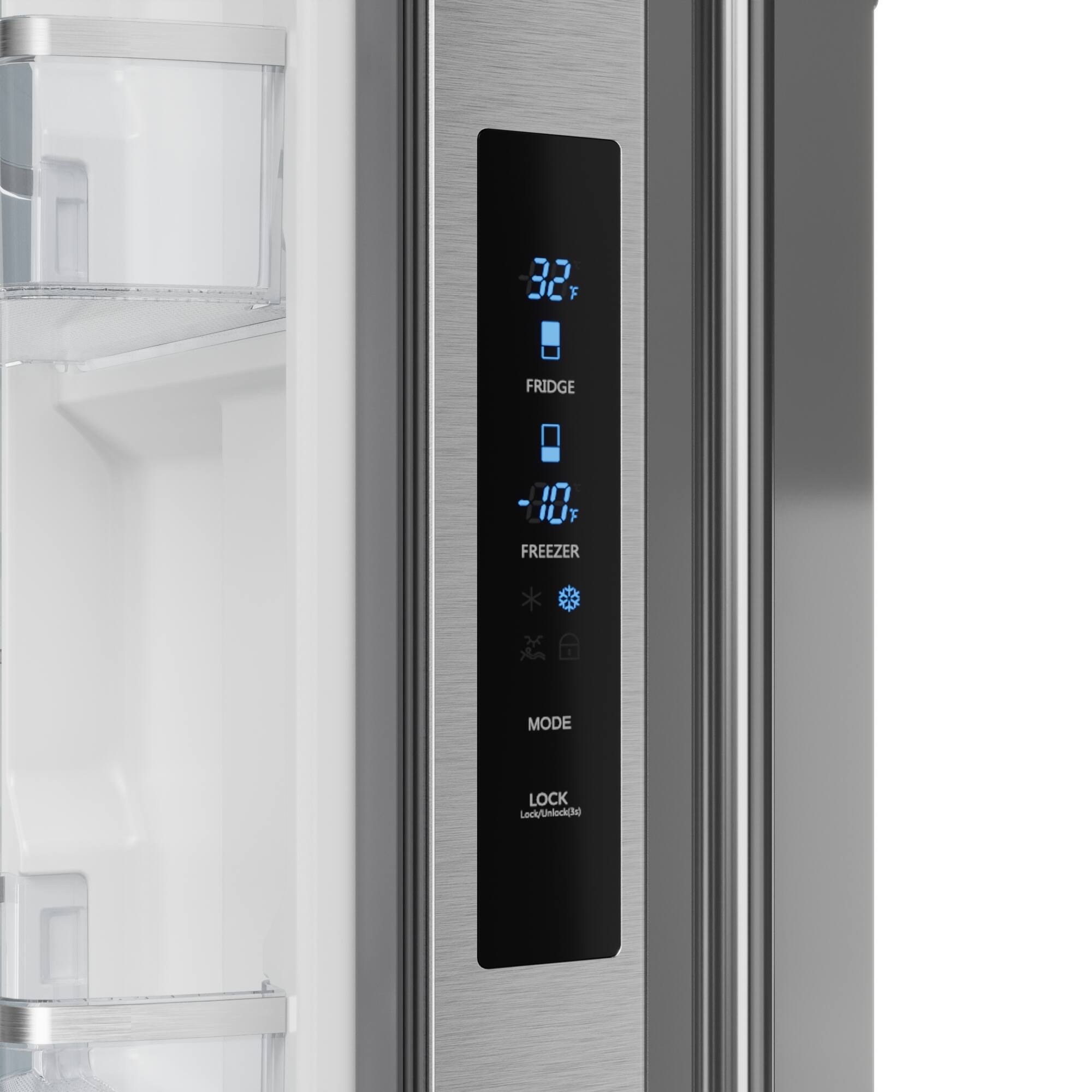 The text on the image reads: "32 F FRIDGE 10 FREEZER MODE LOCK."