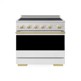 ZLINE - Autograph 36 in. 5.2 cu. ft. Marino Freestanding Induction Range in Satin Steel with Gold Accents & White Door - White Matte