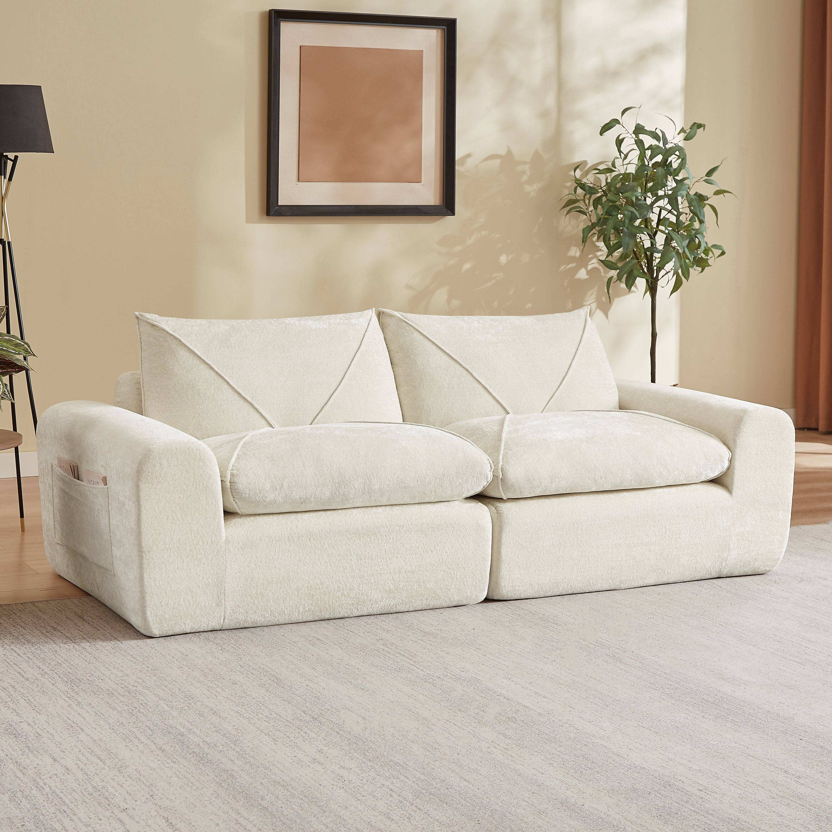 Left. Loheer - Loheer 85 Inch Chenille Sectional Sofa Modern Modular Couch with Ottoman Minimalist Furniture - Beige.