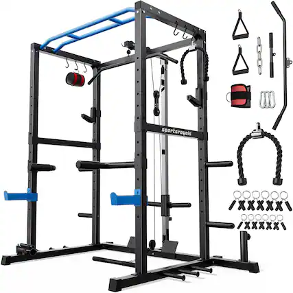 Front. Sportsroyals - Power Cage,1600lbs Multi-Function Power Rack with Adjustable Cable Crossover System and More Training Attachment - Blue.