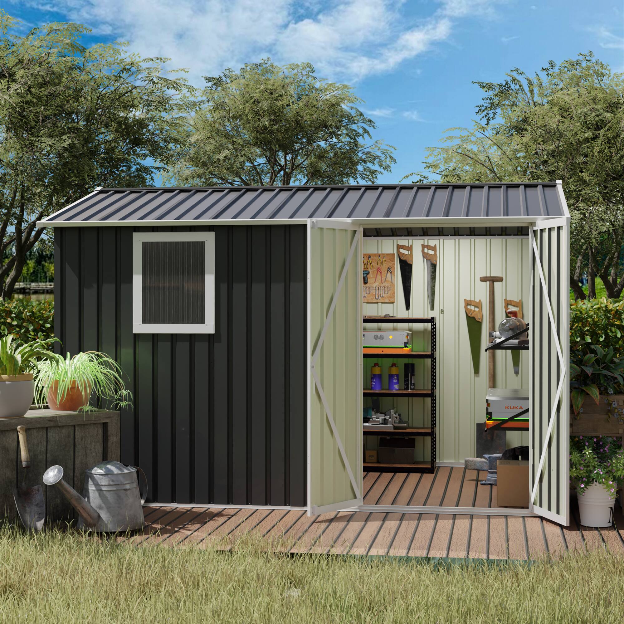 Left. Anysun - 9x6 FT Metal Garden Shed for Patio, Backyard – Tool House Storage Shed with One Window, Galvanized Steel Construction - Grey.