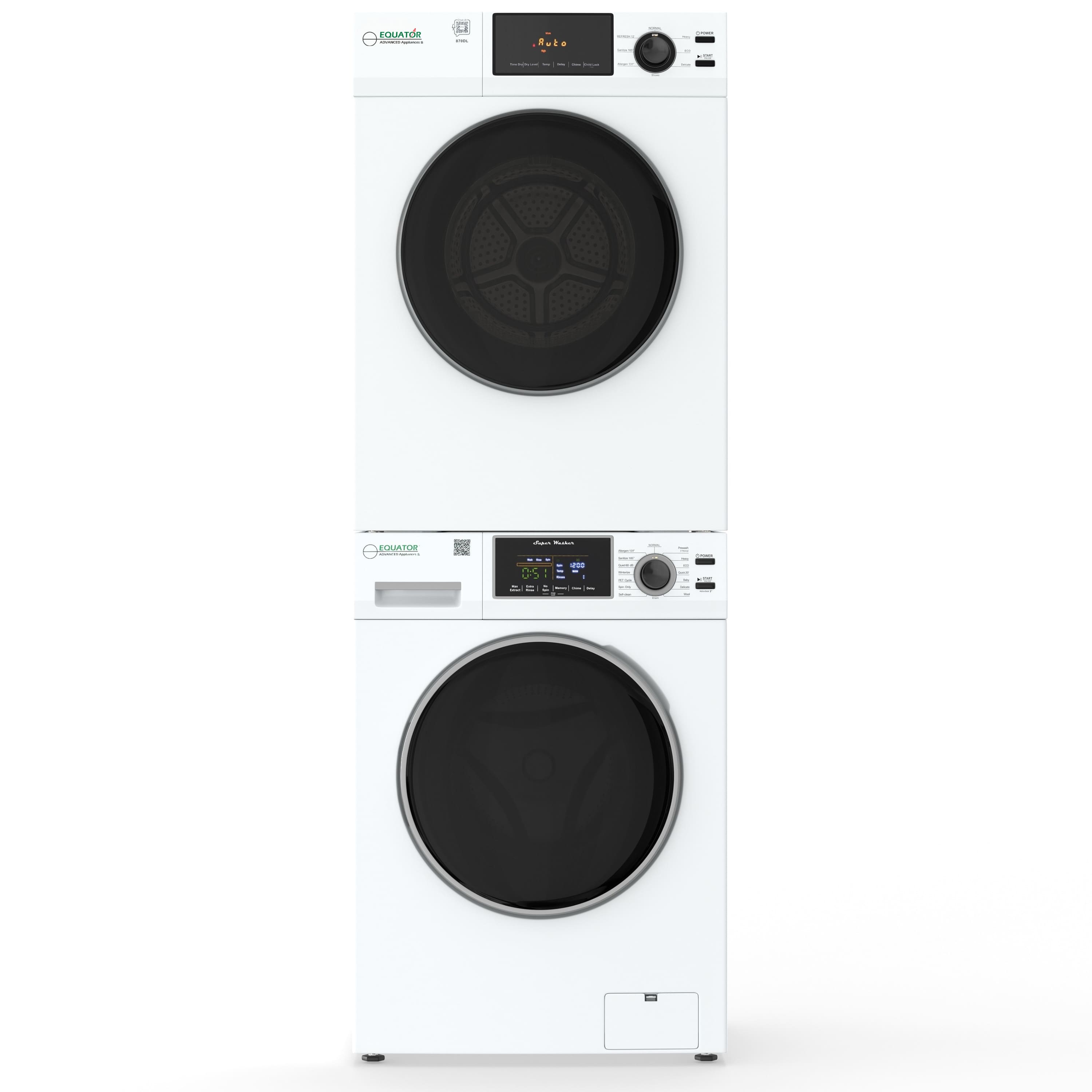 Equator - 110V STACKABLE EW 835 18lbs Washer 1.9cf + ED 870 DL Electric Dryer 4cf Vented Sensor Stacked/ Matching - White