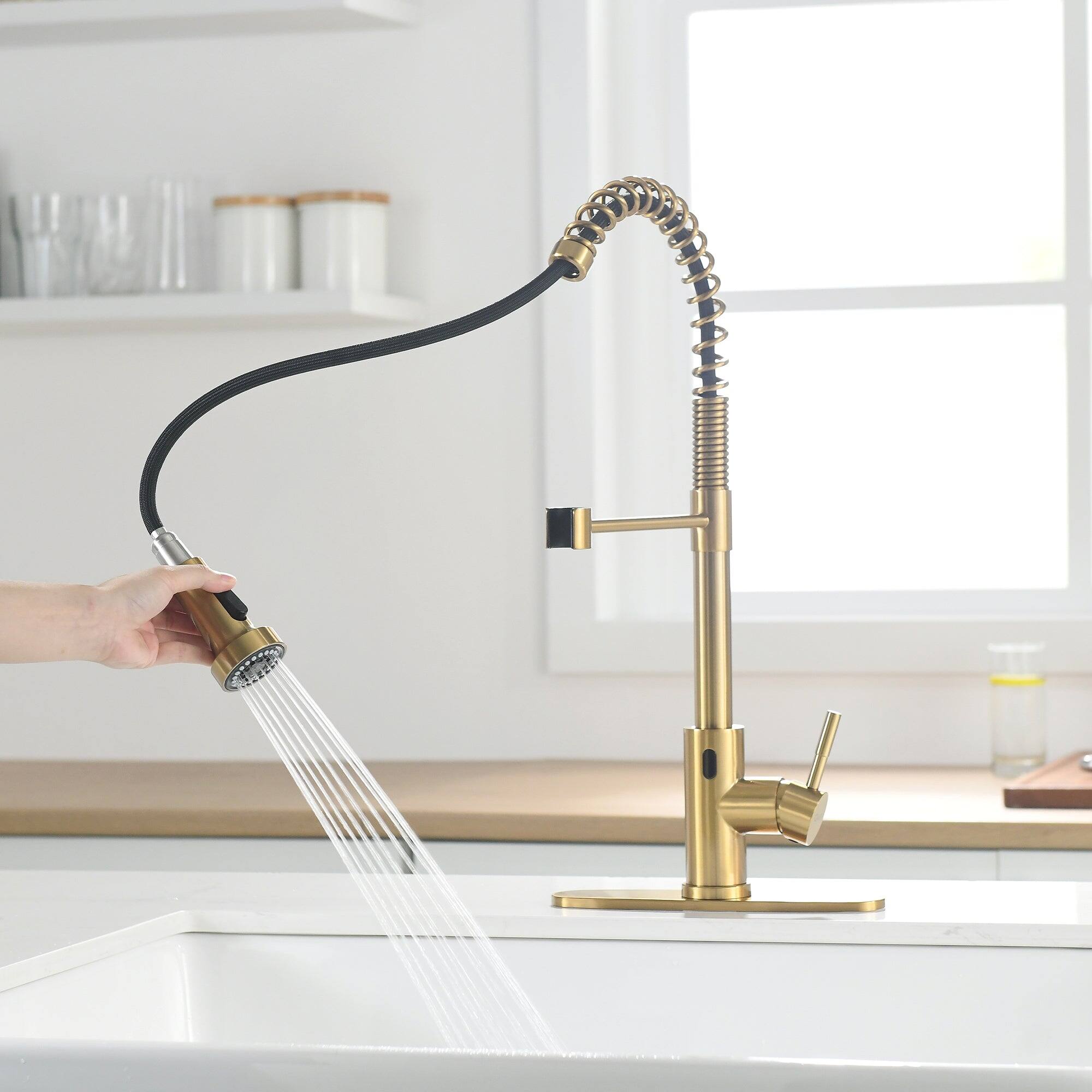 Alt View 3. Boyel Living - Brushed Gold 2 Spray Patterns Single Handle Touchless Pull Down Kitchen Faucet with Deckplate Included - Brushed Gold.
