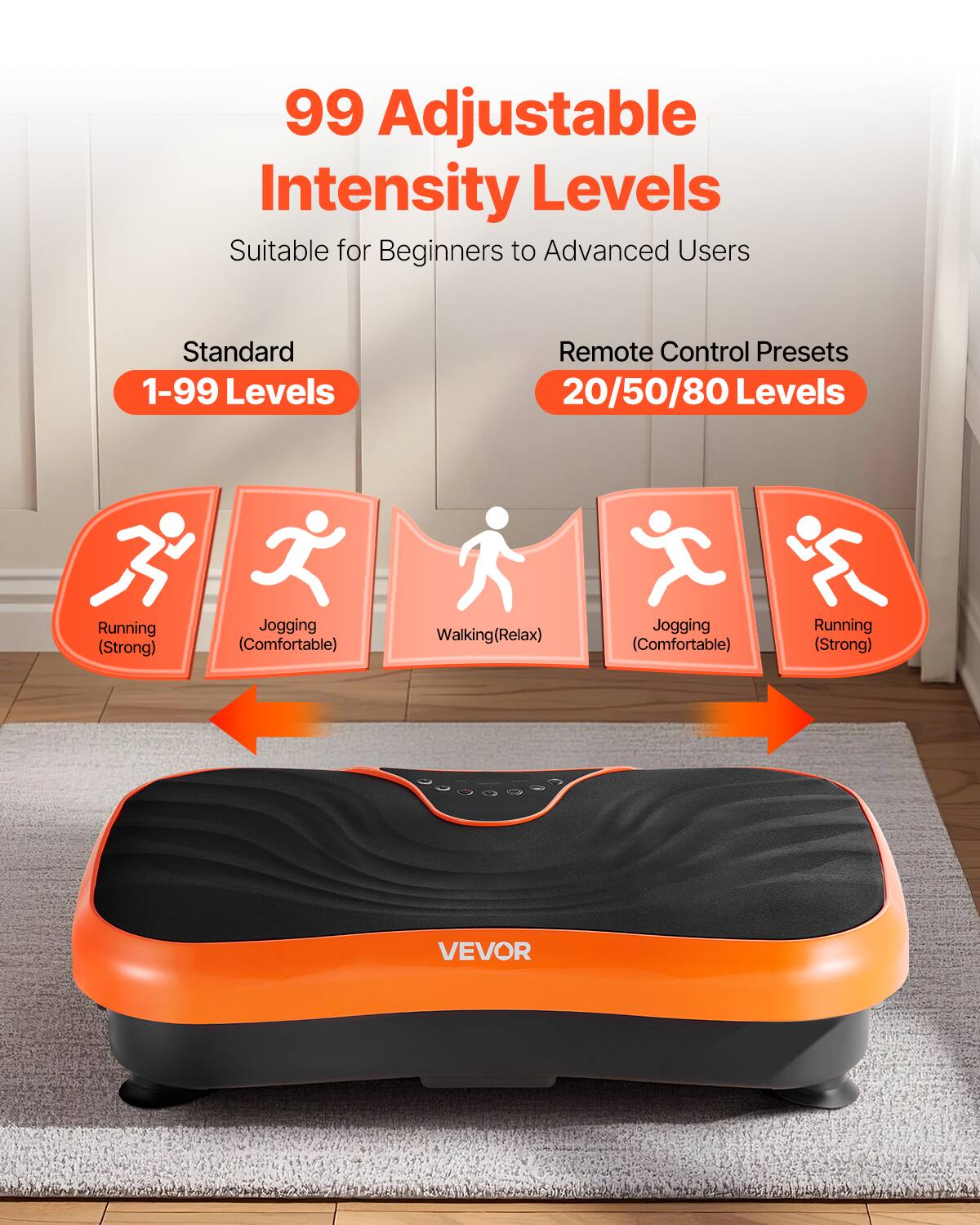 99 Adjustable Intensity Levels  
Suitable for Beginners to Advanced Users  

Standard  
1-99 Levels  

Remote Control Presets  
20/50/80 Levels  

Running (Strong)  
Jogging (Comfortable)  
Walking (Relax)  
Jogging (Comfortable)  
Running (Strong)  

VEVOR