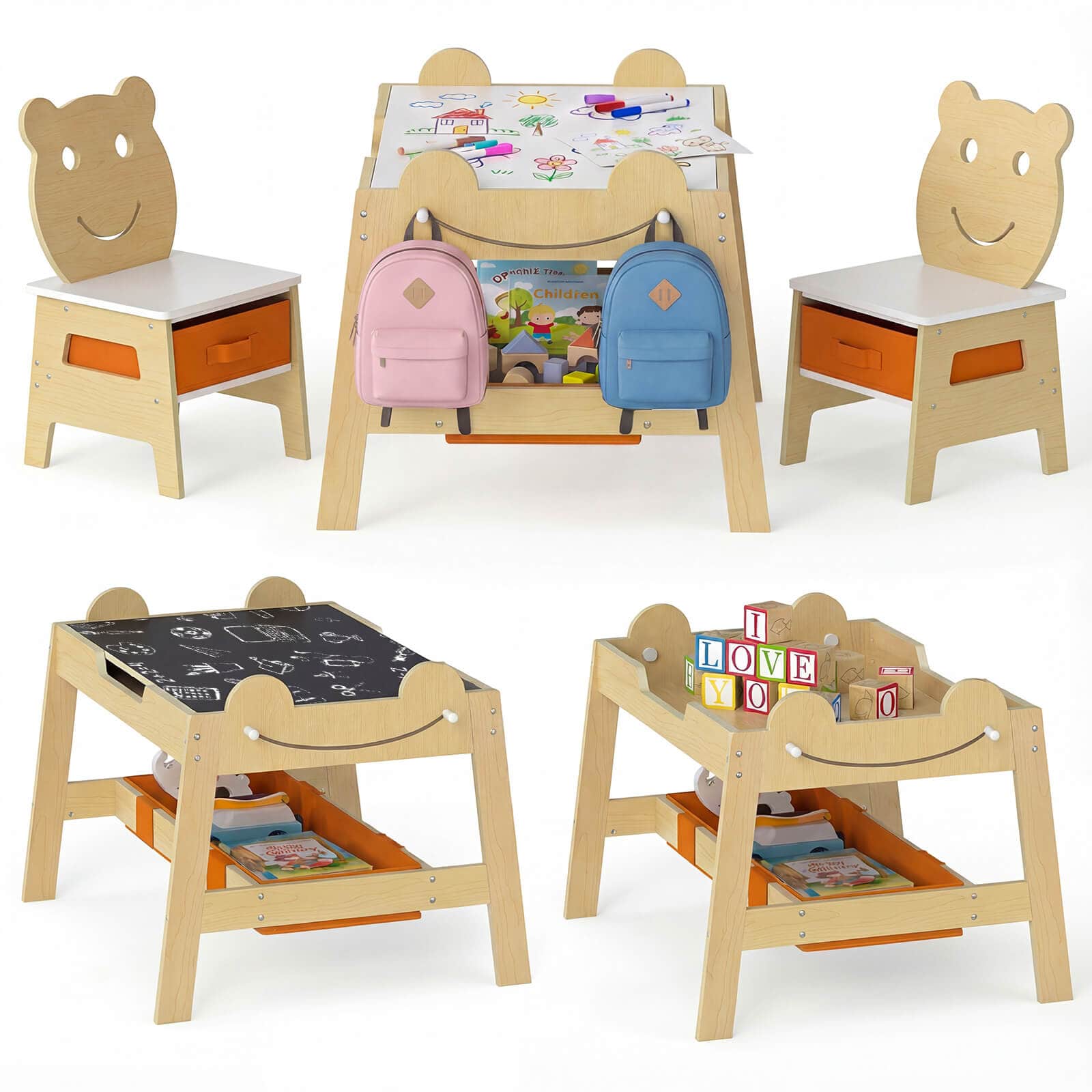 Costway - 5-in-1 Kids' Table & Chair Set with Chalkboard, Whiteboard, 3 Storage Bins, 4 Hooks - Natural,White,Orange price history on PriceWatchPro