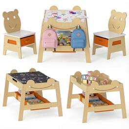Costway - 5-in-1 Kids' Table & Chair Set with Chalkboard, Whiteboard, 3 Storage Bins, 4 Hooks - Natural,White,Orange