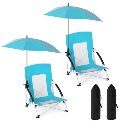Front. Costway - Costway 2 PCS Beach Umbrella Chair with Hexagonal Parasol Comfy Armrest Breathable Seat - Blue.