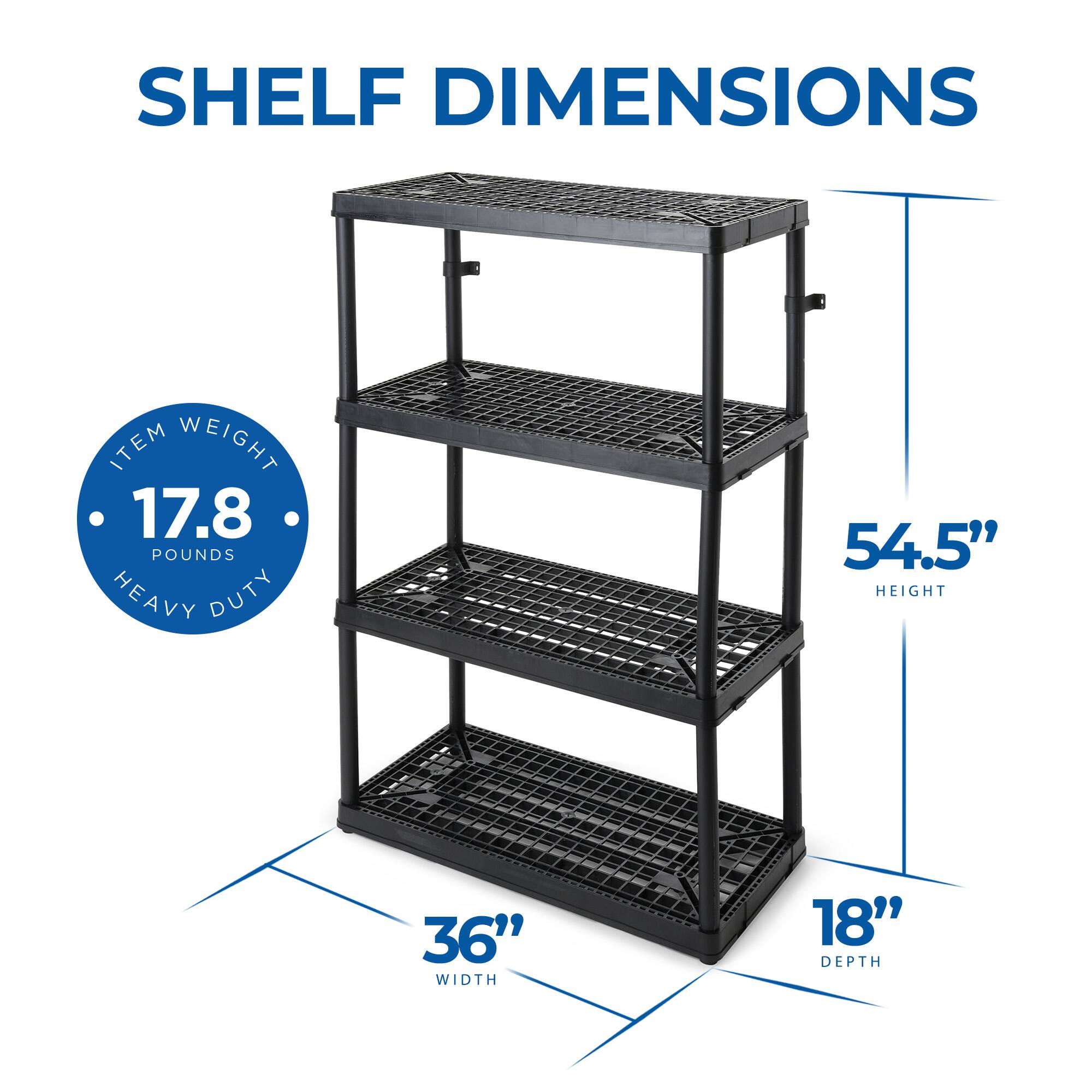 SHELF DIMENSIONS

ITEM WEIGHT: 17.8 POUNDS  
HEAVY DUTY

HEIGHT: 54.5"  
WIDTH: 36"  
DEPTH: 18"