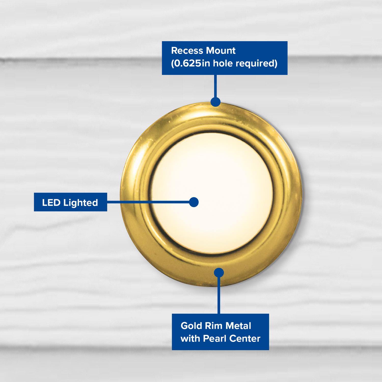Recess Mount (0.625in hole required) LED Lighted Gold Rim Metal with Pearl Center