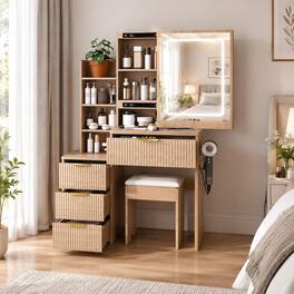 RYHNUYNE - Modern Makeup Vanity Desk, 3 LED Lighting Modes, 4 Drawers, Open Shelves, Hair Dryer Holder, Power Socket, Dressing - Walnut
