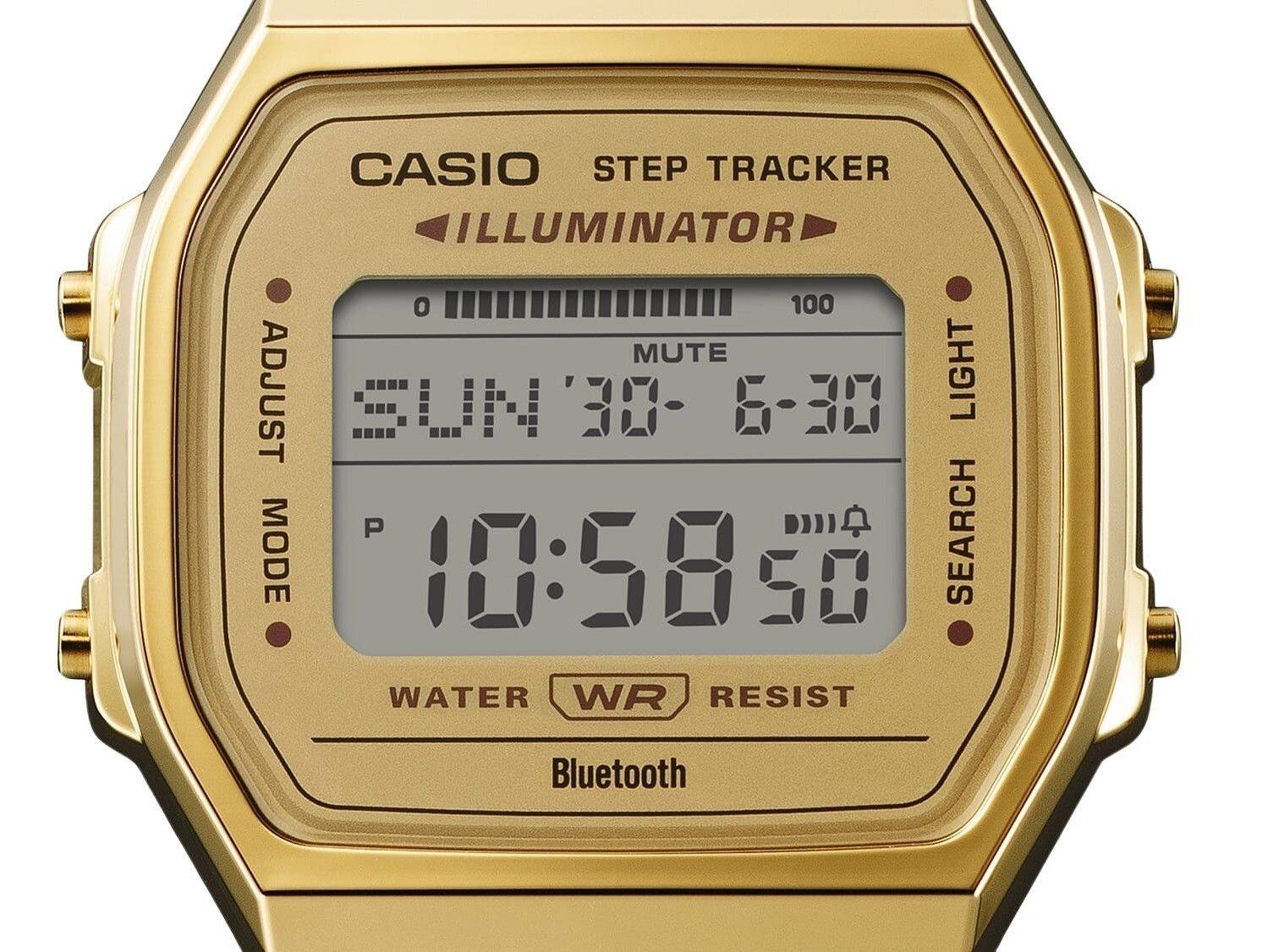 CASIO STEP TRACKER  
ILLUMINATOR  

ADJUST  
MUTE  
LIGHT  

0 100  

SEARCH  

WATER WR RESIST  
Bluetooth  

P 10:58 50  

LUN '30- 6-30
