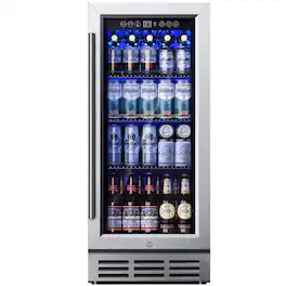 SIMZLIFE - 130 Can Beverage Cooler - 15 Inch Under Counter Built-in Fridge, 3.2 Cu. Ft Cooler with Glass Door Design for Soda/Wine - Silver