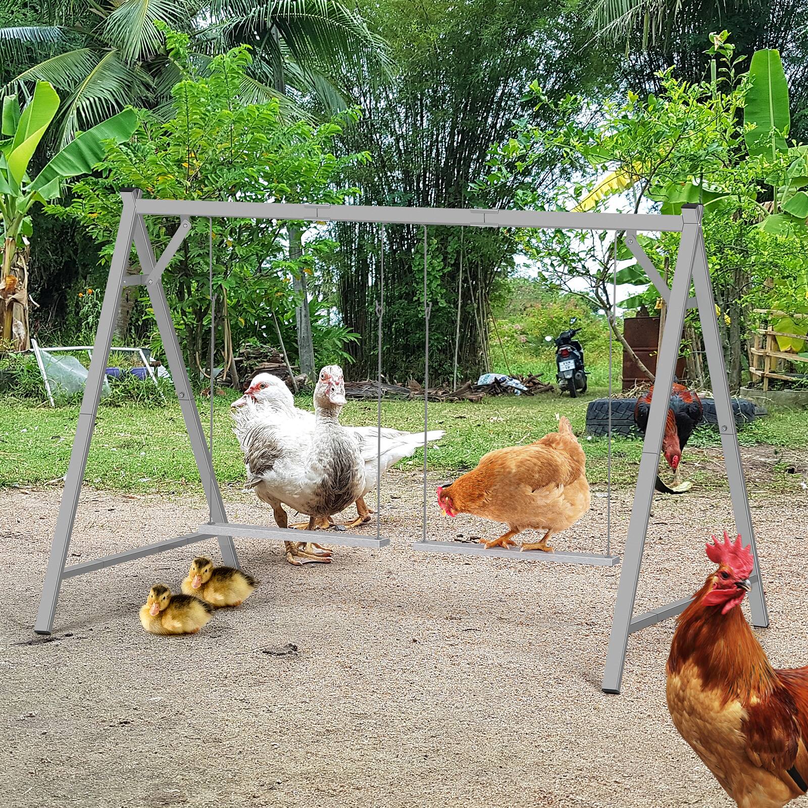 Alt View 2. Oumilen - Grey A-Frame Chicken Swing Stand with Double Wooden Perch Swings - Gray.