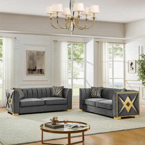 Angle. Anysun - 81" 3-Seat Velvet Chesterfield Sofa - Button Tufted, Gold Stainless Steel Accents, Includes 2 Pillows - Gray.