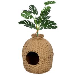 Pawhut - Cat Litter Box Enclosure with Faux Plant & Stainless Steel Tray for Bedroom - Natural Wood
