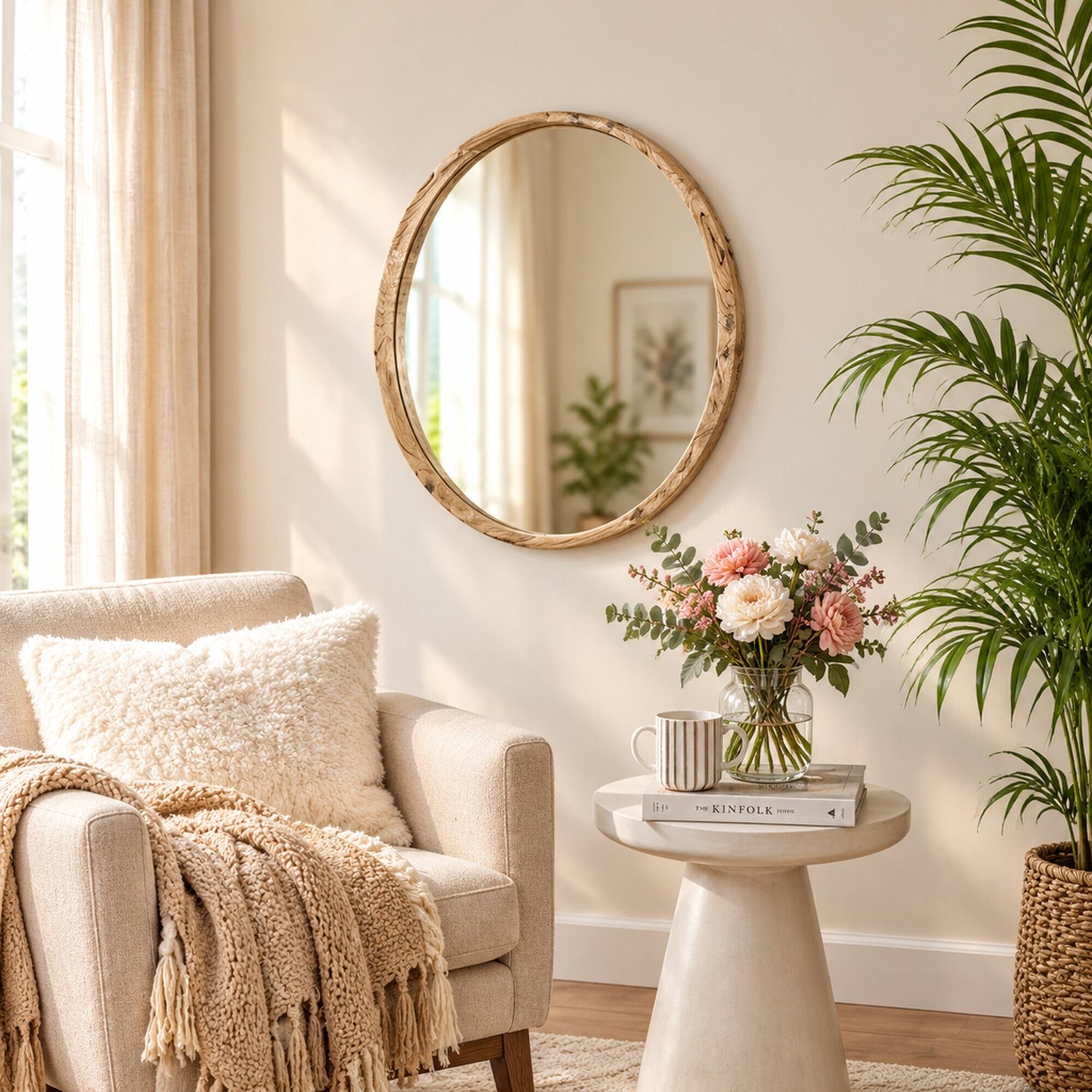 RYHNUYNE 27.5 in Round Wood Framed Wall Mirror, Fir Wood, Finish ...