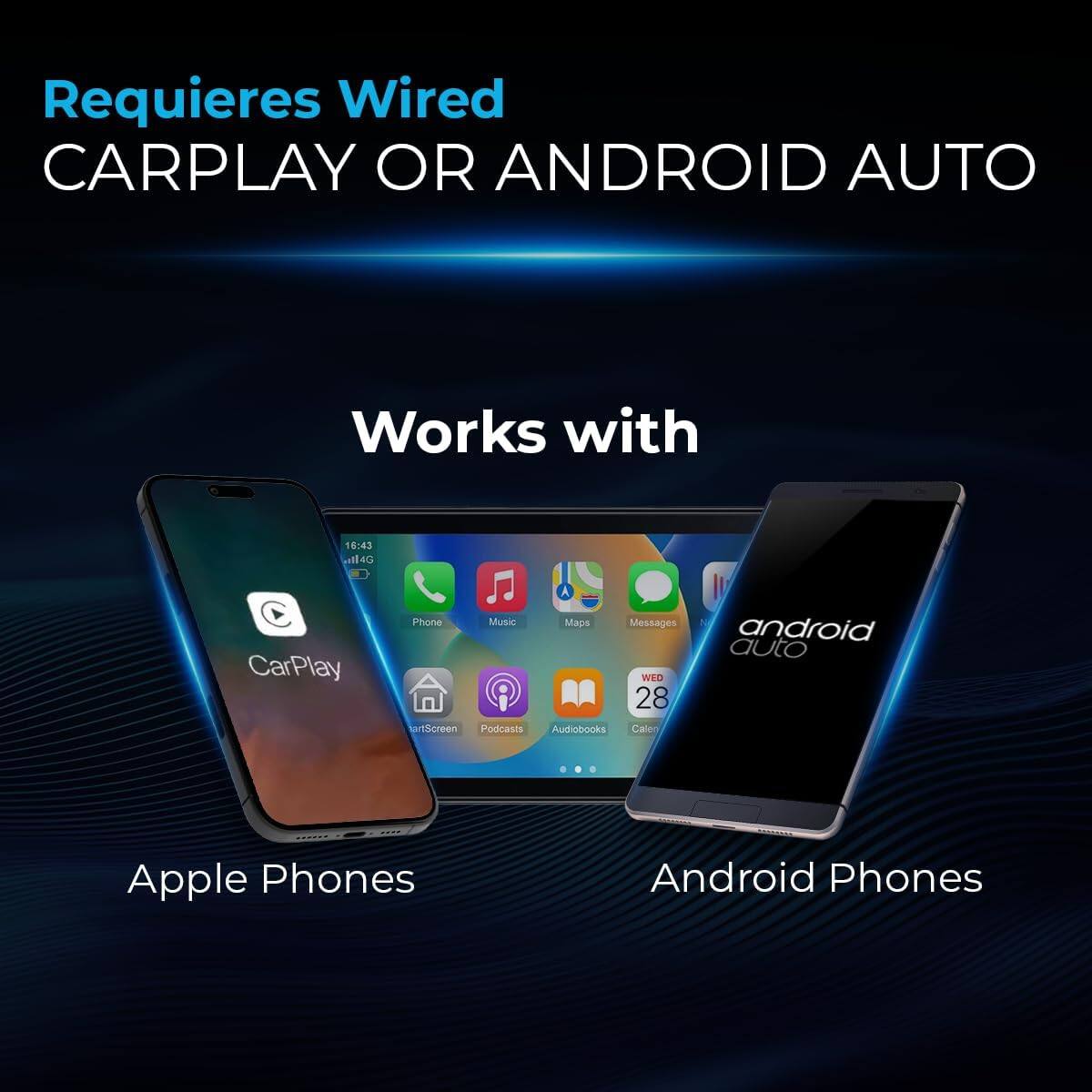 Requires Wired CARPLAY OR ANDROID AUTO

Works with

Apple Phones

Android Phones