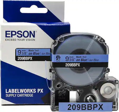 EPSON
EXCEED YOUR VISION
9 mm Black | Noir
3/8" on Blue | sur Bleu
209BBPX
LABELWORKS PX
SUPPLY CARTRIDGE
TAPE