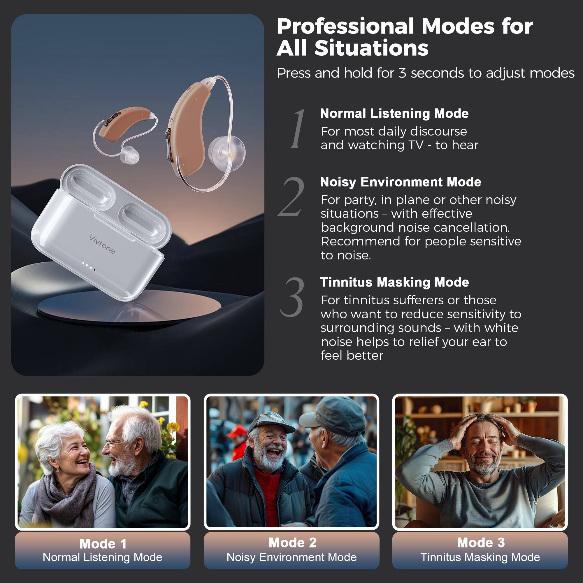 Professional Modes for All Situations
Press and hold for 3 seconds to adjust modes
Vivitone
Normal Listening Mode 1
For most daily discourse and watching TV - to hear
Noisy Environment Mode 2
For party, in plane or other noisy situations - with effective background noise cancellation. Recommend for people sensitive to noise.
Tinnitus Masking Mode 3
For tinnitus sufferers or those who want to reduce sensitivity to surrounding sounds - with white noise helps to relief your ear to feel better
Mode 1 Normal Listening Mode
Mode 2 Noisy Environment Mode
Mode 3 Tinnitus Masking Mode