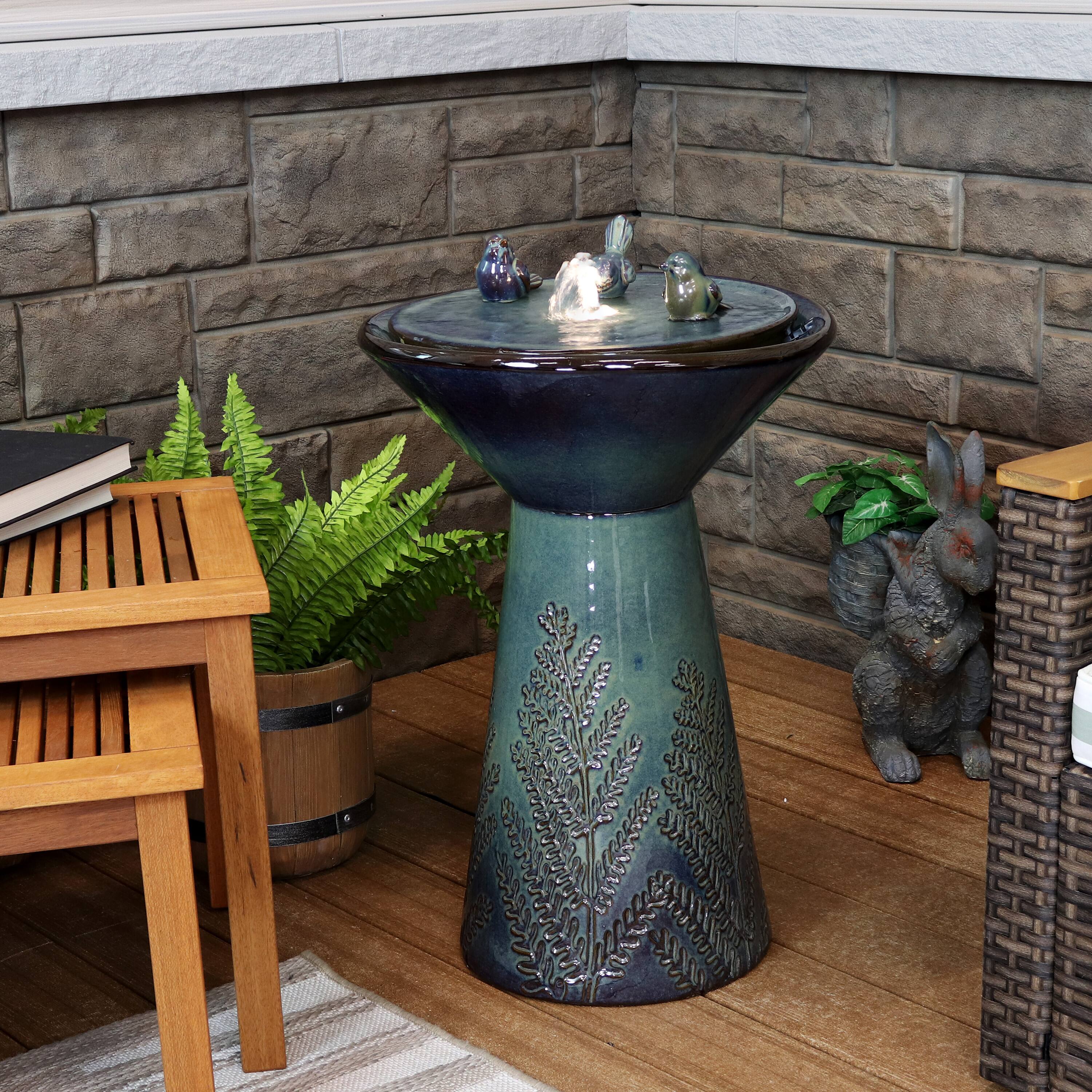 Alt View 7. Sunnydaze - Gathering Birds Ceramic Outdoor Fountain with LED Lights - 28 in - Green.
