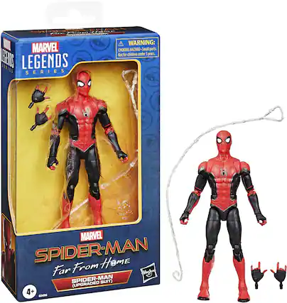 The text on the image is:
"MARVEL LEGENDS SERIES SPIDER-MAN Far From Home (SPIDER-MAN SUIT) (UPGRADED) 60606"
The warning text is:
"WARNING: CHOKING HAZARD-Small parts. Not for children under 3 years."