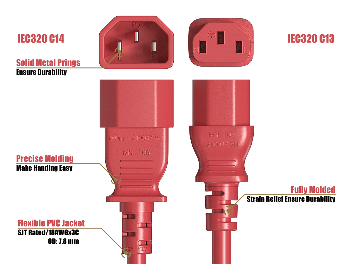 IEC320 C14  
IEC320 C13  
Solid Metal Prongs Ensure Durability  
Precise Molding Makes Handling Easy  
eDus E210037-VN MSI-106  
MSL-107 E210037-VN  
Fully Molded Strain Relief Ensures Durability  
Flexible PVC Jacket SJT Rated /18AWGx3C OD:7.8 mm  
DA 250V