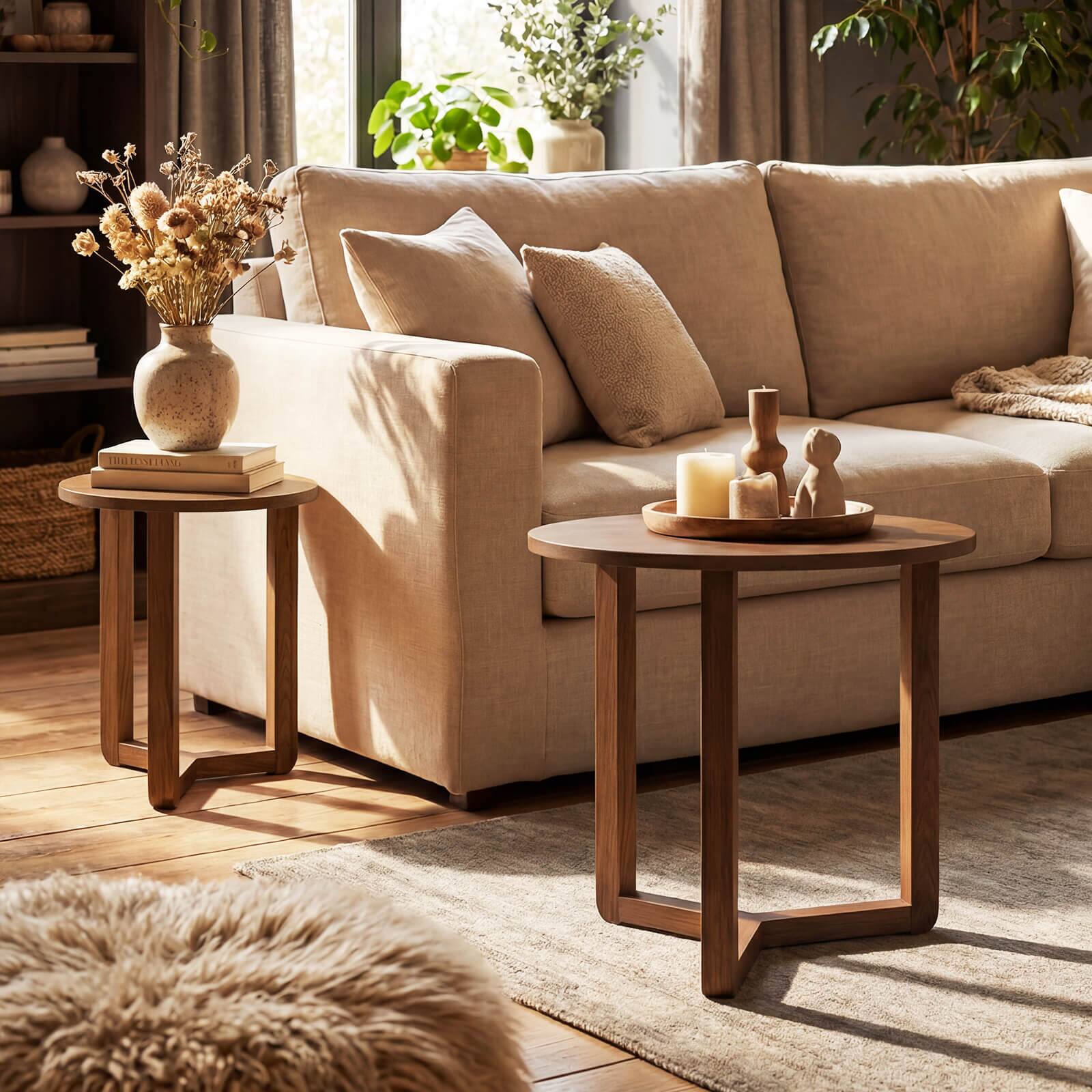 Alt View 3. Costway - Costway Round Nesting Coffee Table Set of 2 with Thickened Top & Solid Rubber Wood Legs - Walnut.