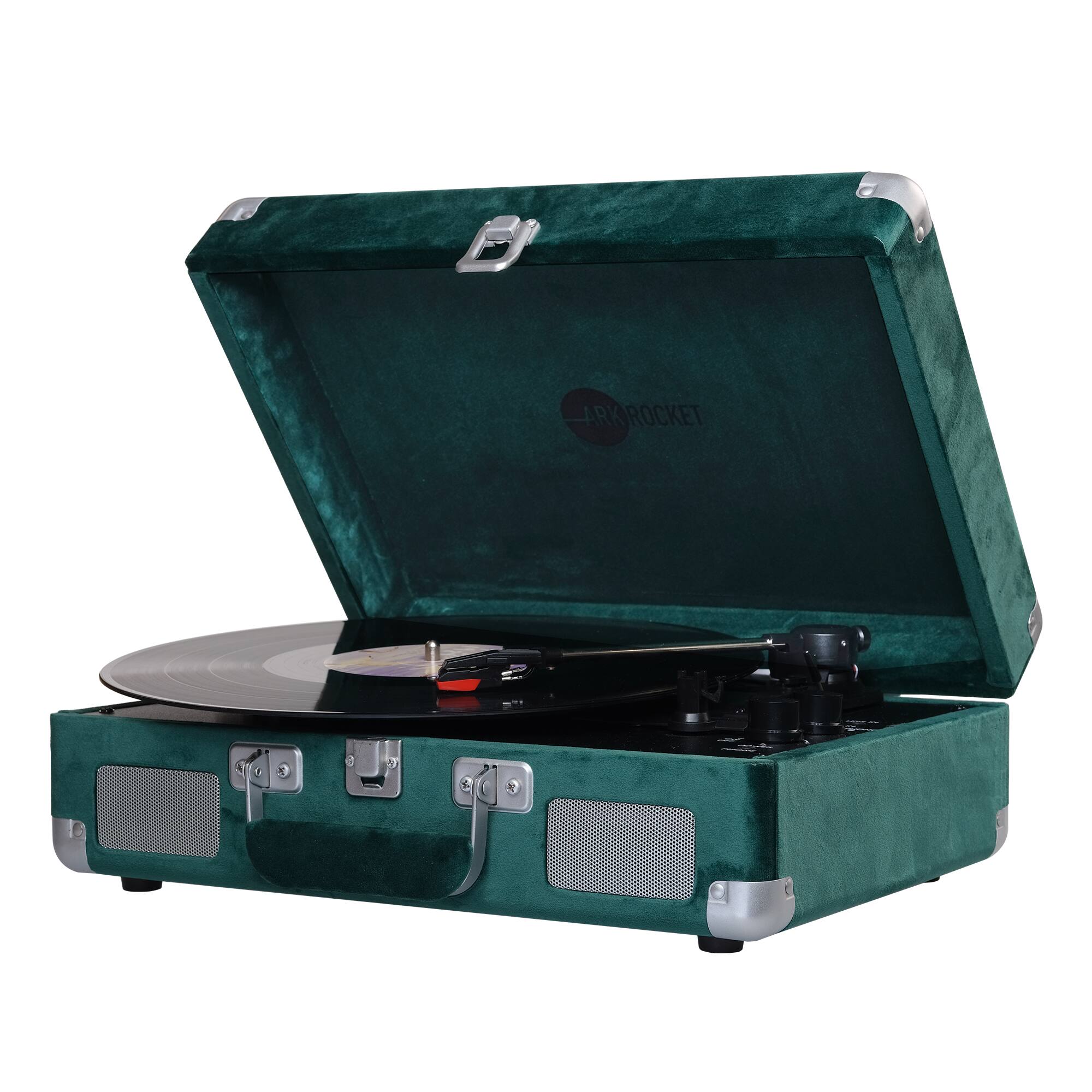 Left. Arkrocket - Arkrocket Curiosity III Suitcase Bluetooth Record Player Turntable built-in Speakers (Green Velvet) - Green Velvet.