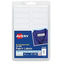 Avery - No-Iron Fabric Labels on 4" x 6" Sheets, 1/2" x 1-3/4", Non-Printable, 54 Labels/Pack - White