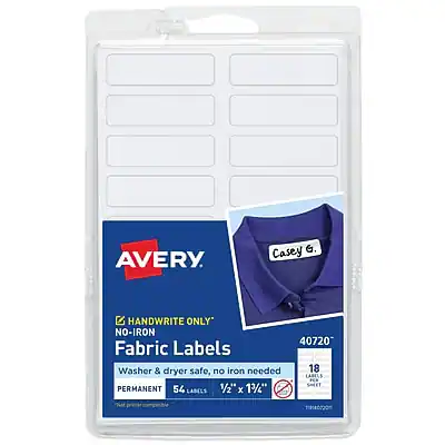 AVERY
Casey G.
HANDWRITE ONLY
NO-IRON
Fabric Labels
40720
Washer & dryer safe, no iron needed
PERMANENT
18 LABELS SHEET
54 LABELS
1/2" x 1 1/2"