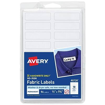 AVERY  
Casey G.  

HANDWRITE ONLY  
NO-IRON  
Fabric Labels  
40720  

Washer & dryer safe, no iron needed  
PERMANENT  

18 LABELS SHEET  
54 LABELS  
1/2" x 1 1/2"