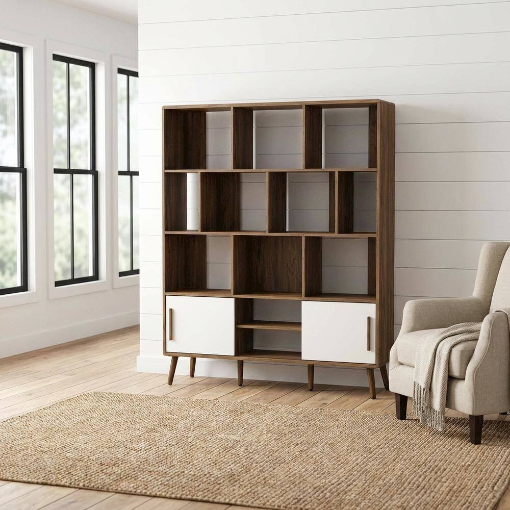 Angle. FurniFact - Wooden 59-Inch Bookcase with Sliding Doors for Elegant Storage - Brown.