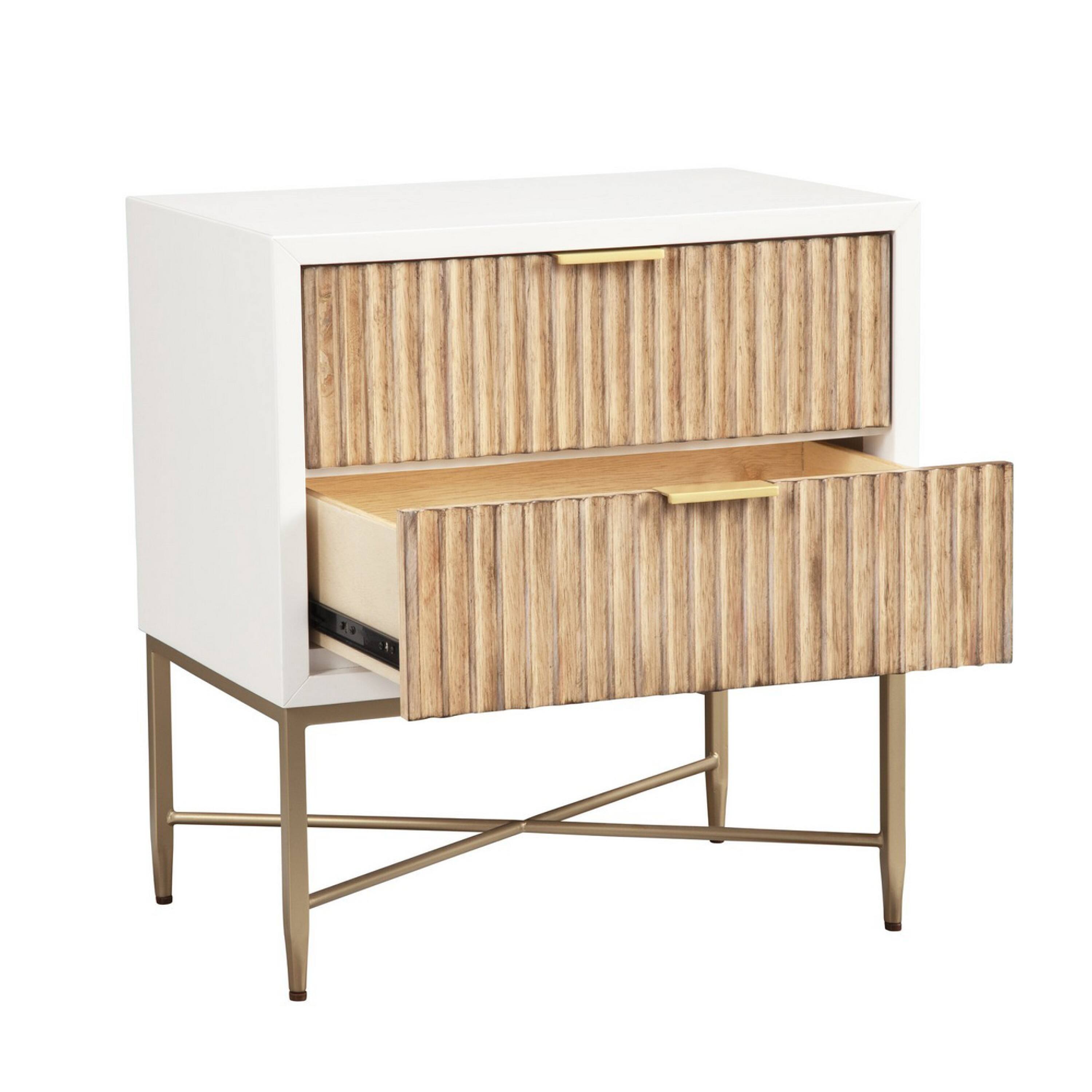 Left. Manhattan Lane - Eli 26 Inch 2 Drawer Nightstand, Corrugated Panels,  Metal Frame, - White, Brown, Gold.