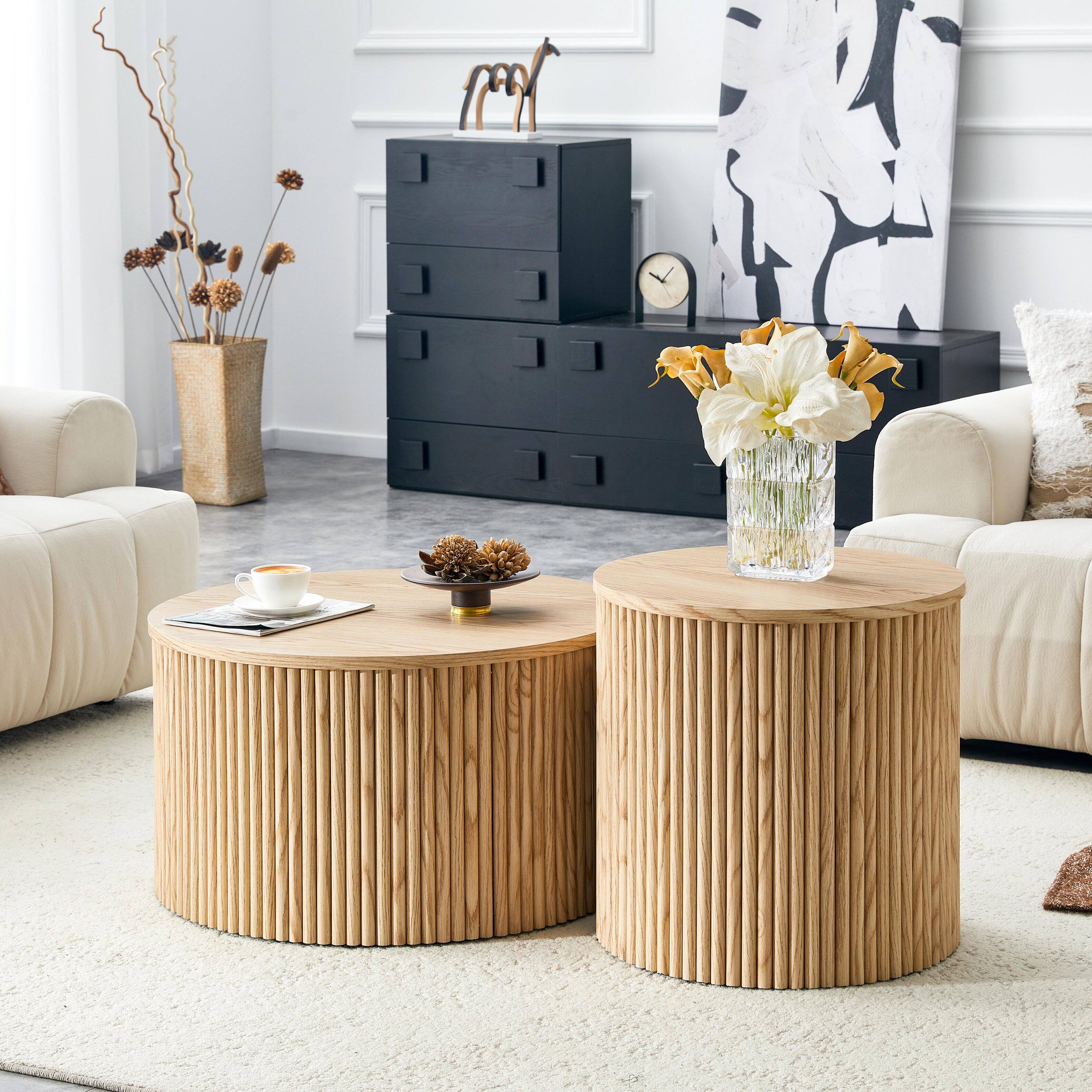 Back. Loheer - Loheer- 2.6ft Round Nesting Coffee Table Set with Storage Roman Column Light Wood Grain Side Tables for Living Room - Wood.