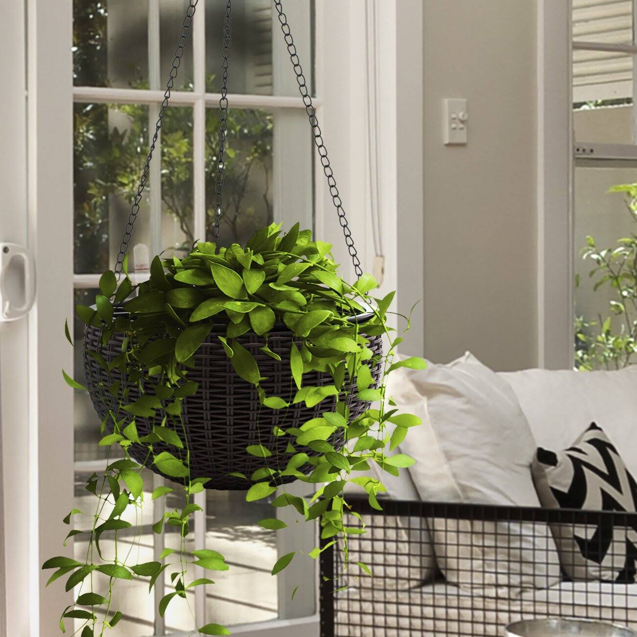 Alt View 3. Sorbus - Sorbus Hanging Planter Round Self-Watering Basket, Resin Woven Wicker Style, Great for Home, Garden, Patio - Black.