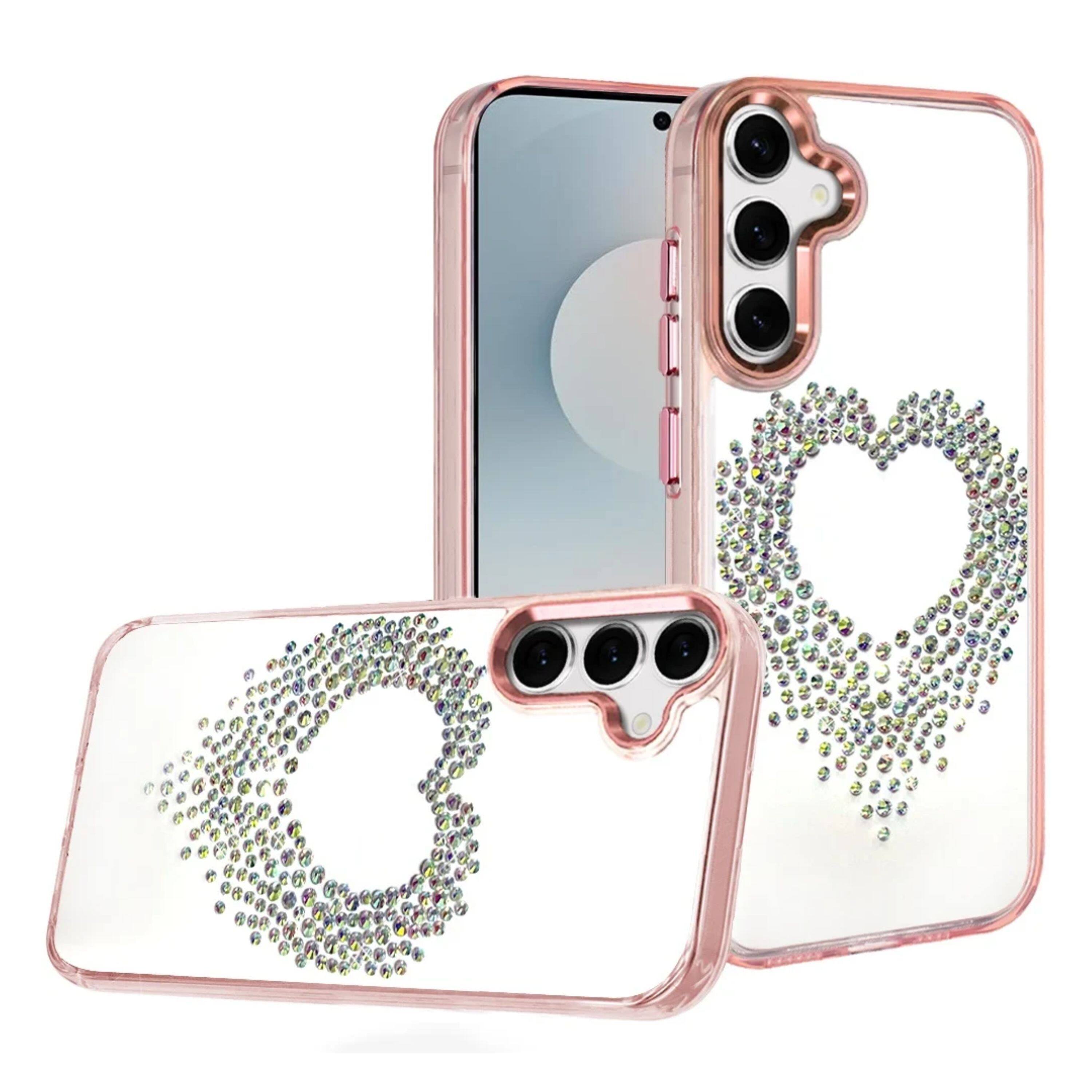 Angle. Kitcheniva - Heart Shaped Rhinestones On Clear Phone Case With Tempered Glass For Samsung Galaxy S25 FE Rose Gold - Rose Gold.