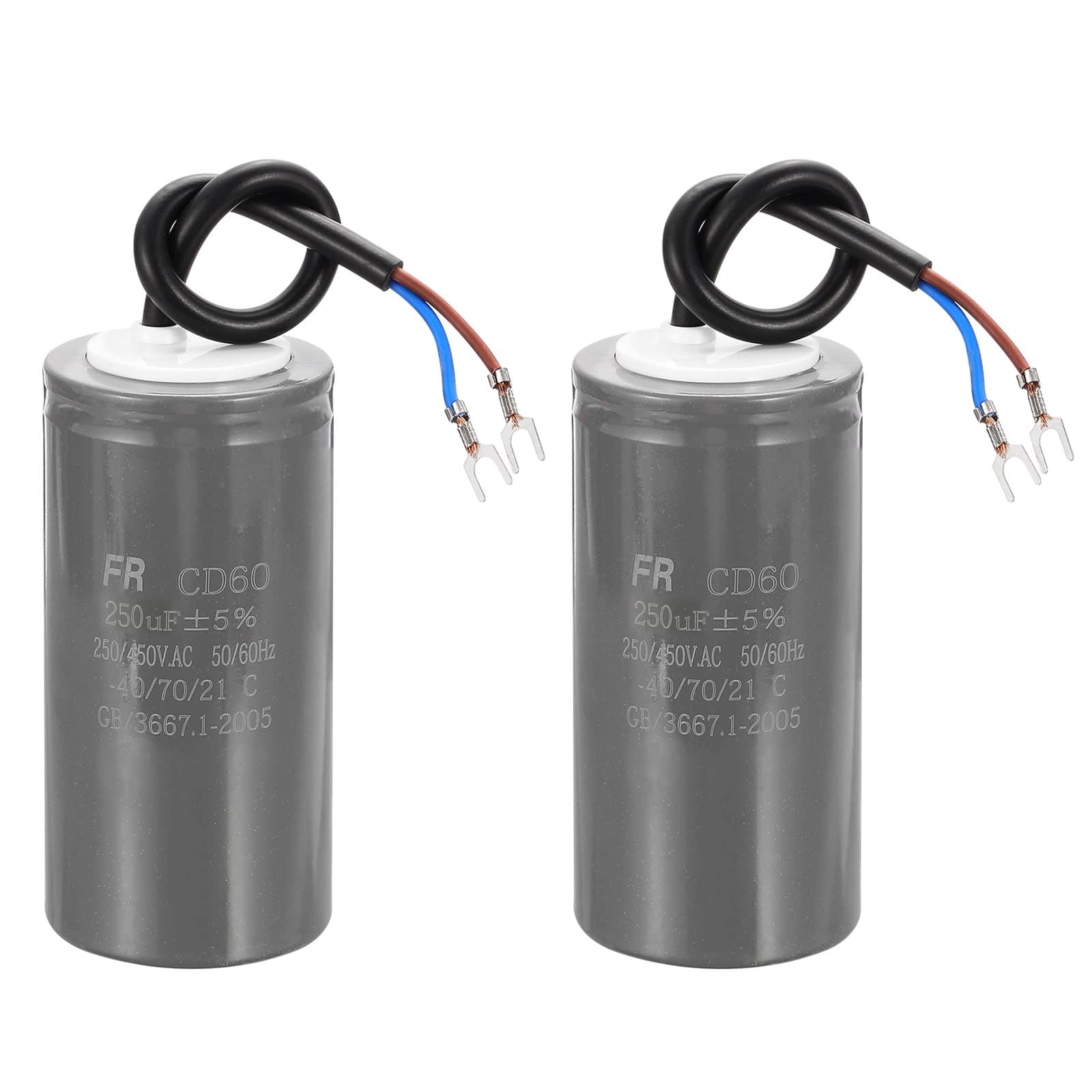 Unique Bargains - 2pcs CD60 Run Capacitor 250uF 450V 5% Motor Starting with 2 Wires for Air Compressor Washing Machine - Gray