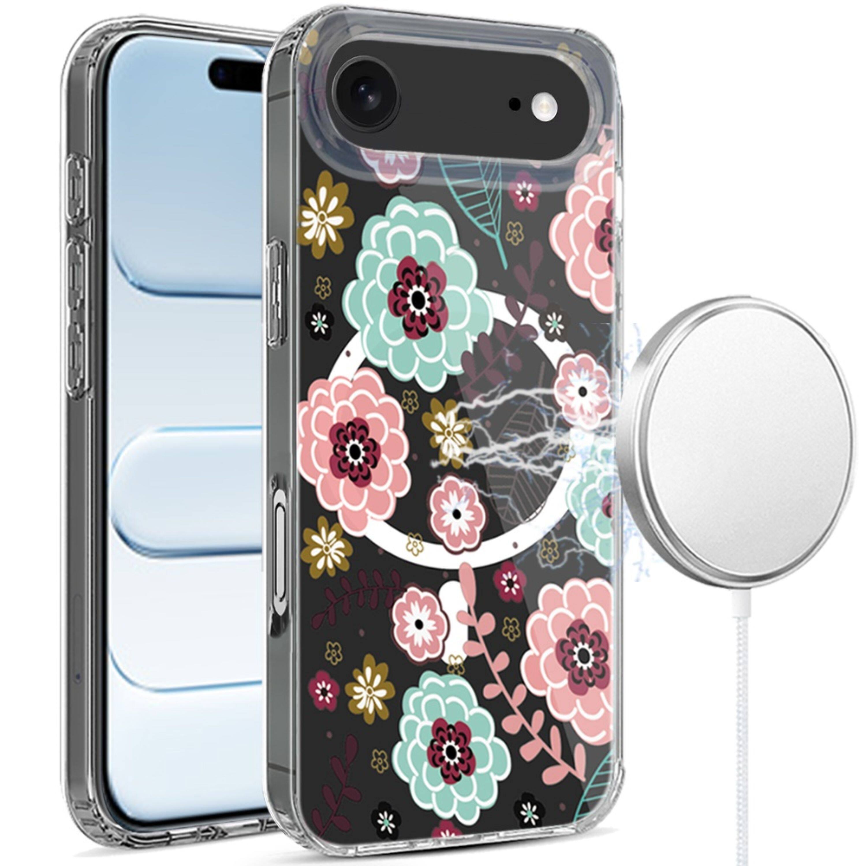 Angle. Kitcheniva - Floral Design Hybrid Phone Case With Tempered Glass For iPhone Air - Multicolor.