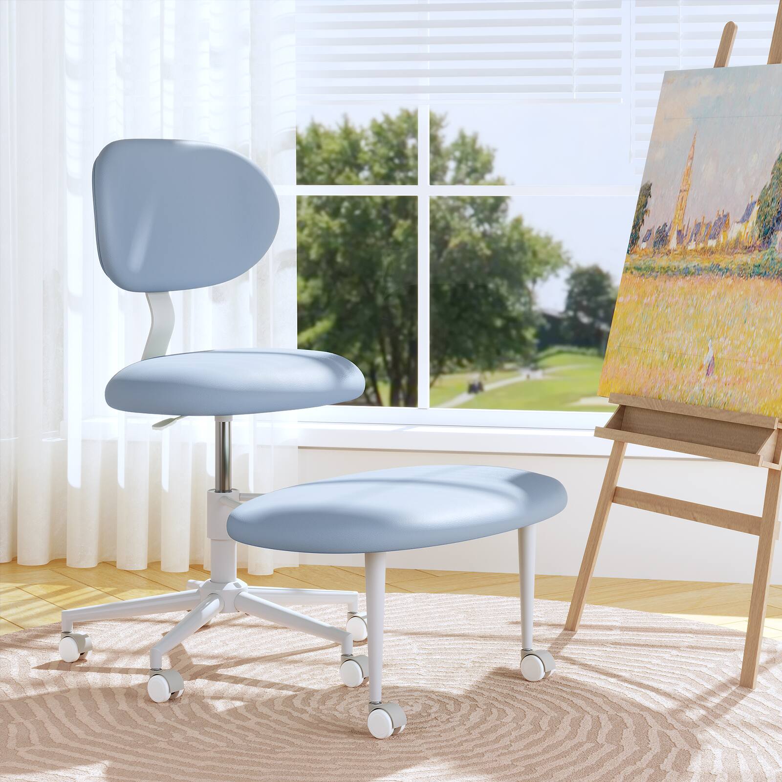 Back. Pinmoco - Pinmoco - Upholstered Office Chair Adjustable Height Ergonomic Office Chair with Lumbar Support and Wheels - Blue.