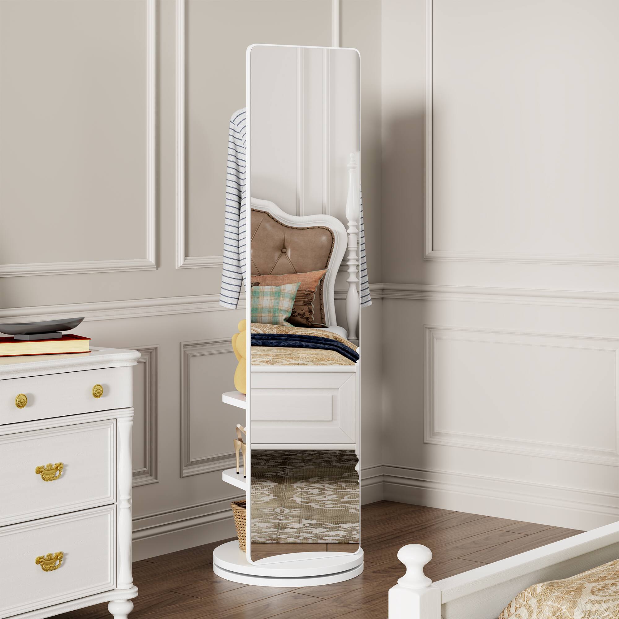 Alt View 1. Ecooso - 360° Rotating Full Length Mirror with Storage Rack, Solid Wood Floor Mirror Organizer - White.