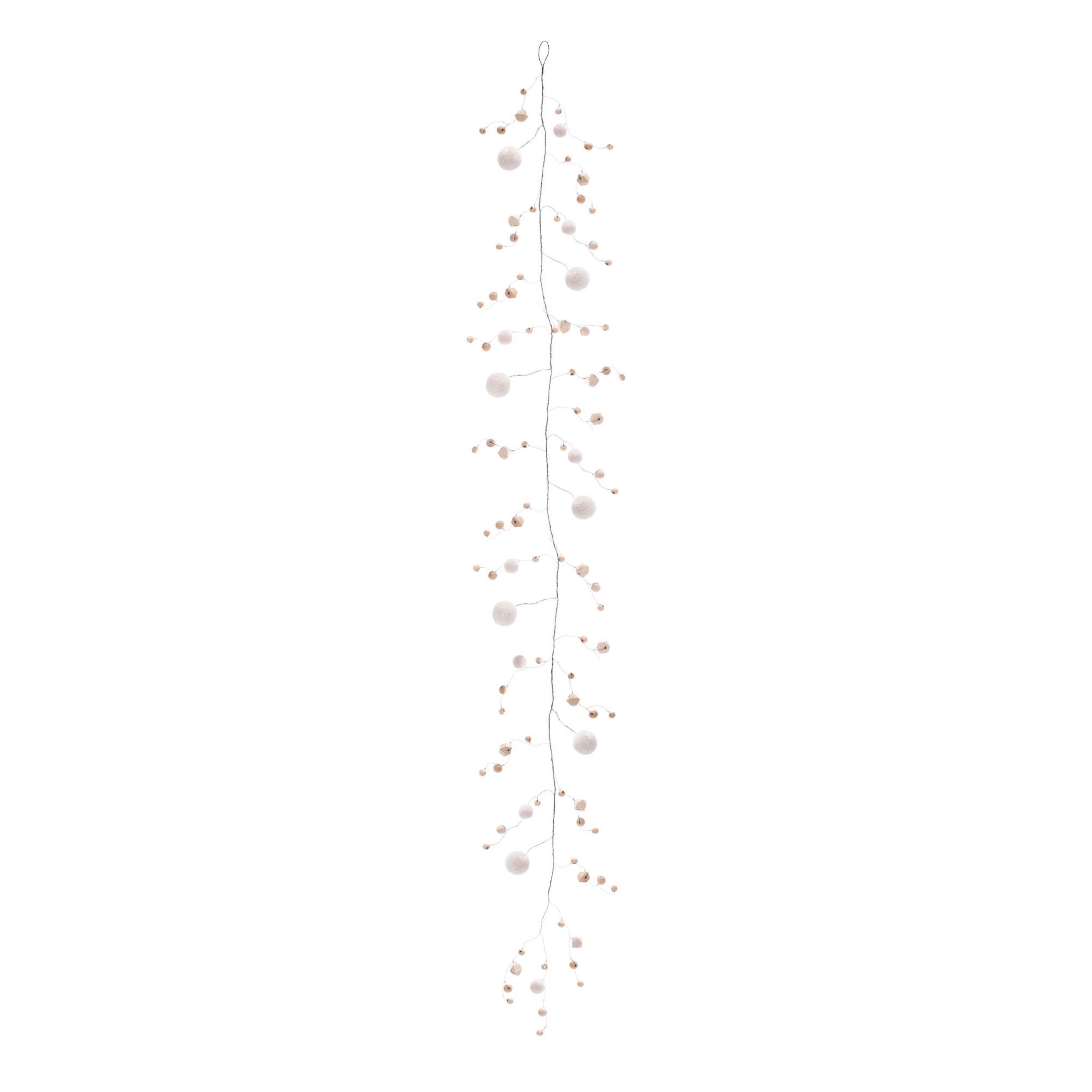 Angle. BreeBe - Wood Bead and Puff Ball Garland (Set of 2) - Beige, Brown.