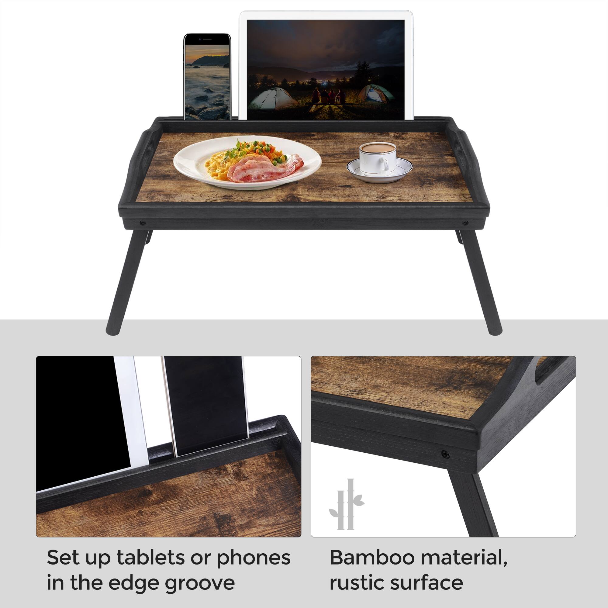 Set up tablets or phones in the edge groove

Bamboo material, rustic surface