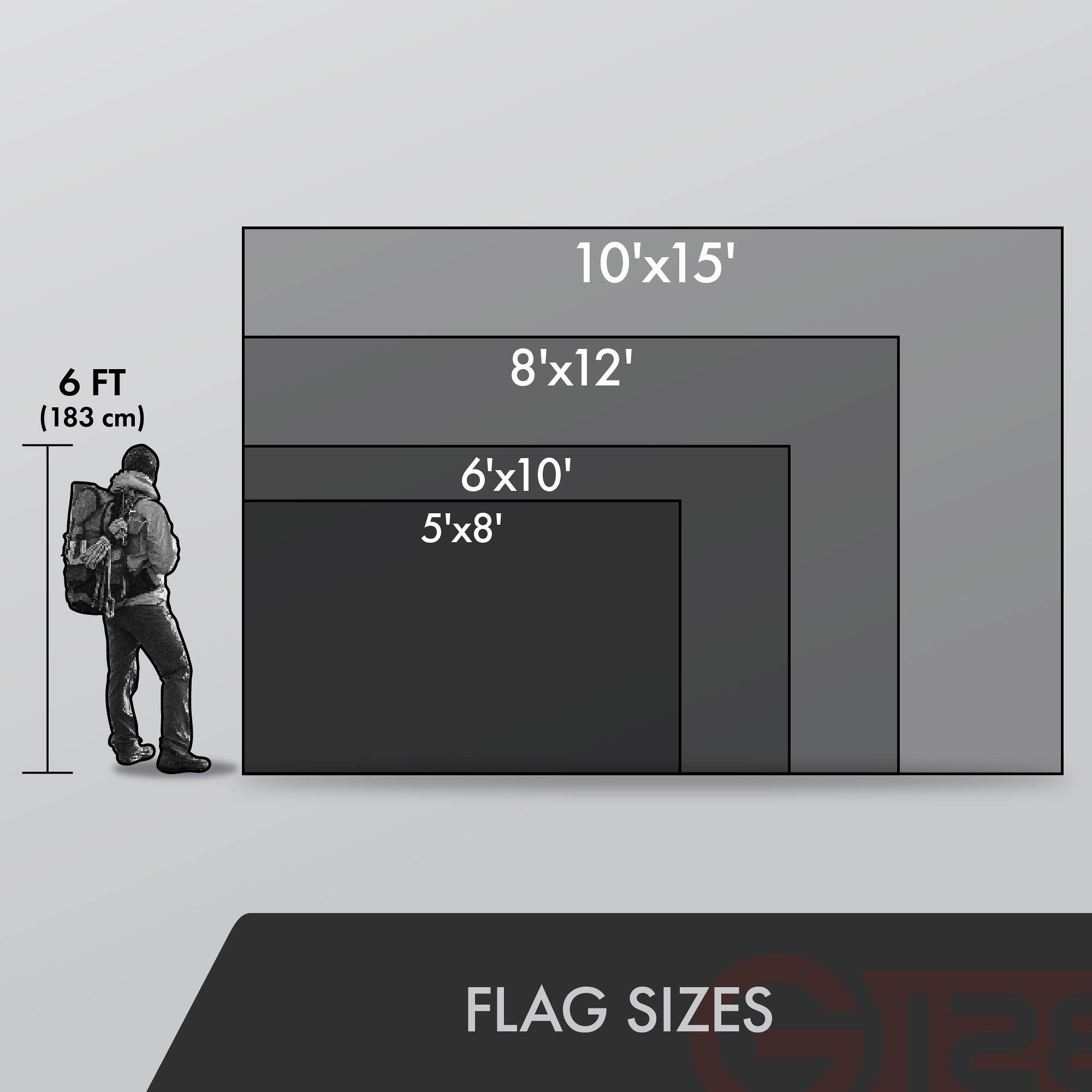 10'x15'  
8'x12'  
6'x10'  
5'x8'  

FLAG SIZES  

6 FT (183 cm)