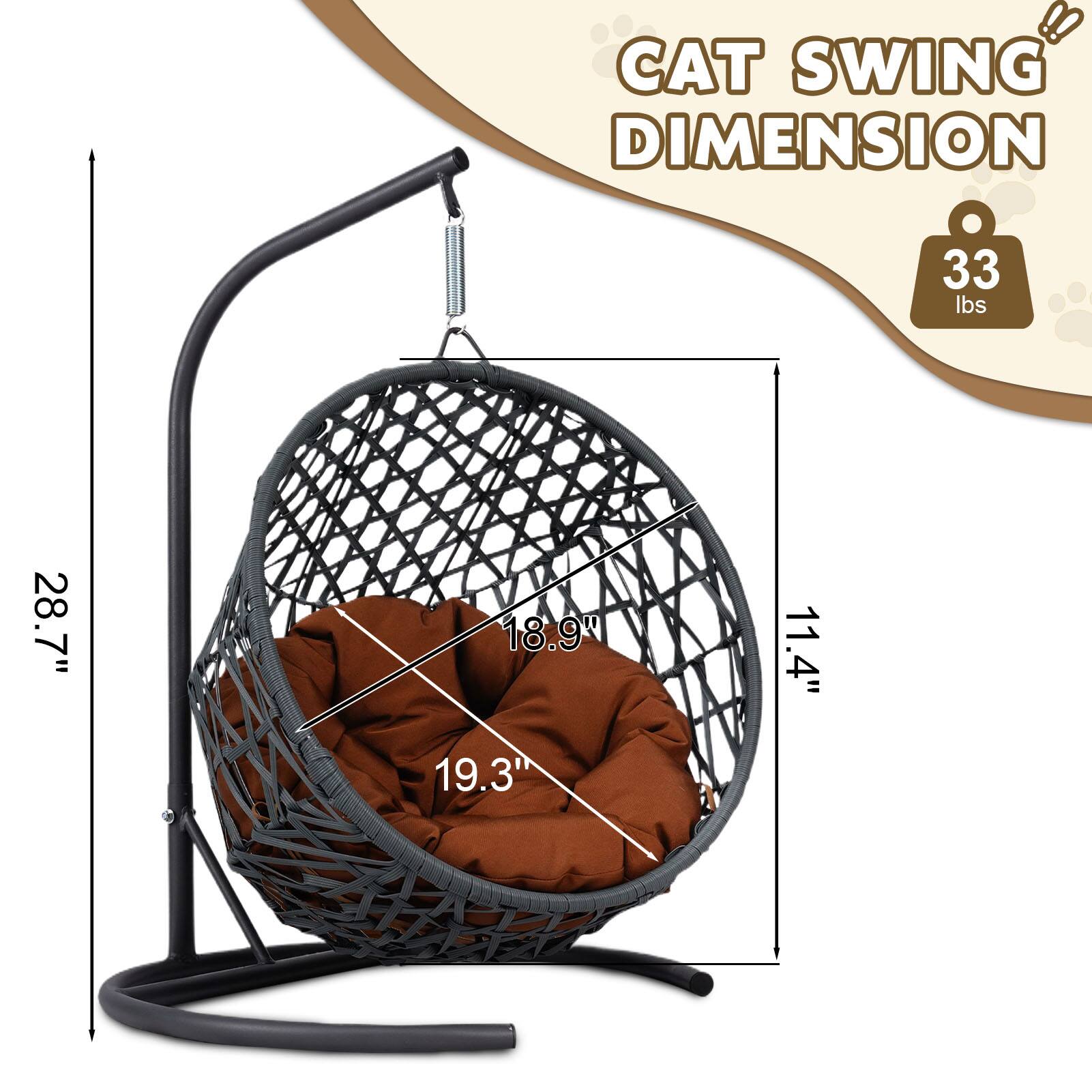 Left. TinyHomie - Indoor Cat Swing Bed Rattan Wicker Egg Chair Brown with Stand Cushion - Brown.