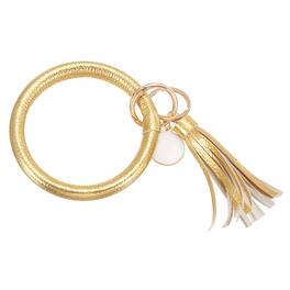 Unique Bargains - PU Leather Circle Wristlet Keychain, Tassel Pendant Round Bangle Keyring Bracelet Holder for Women Car Keys, 1pc - Gold