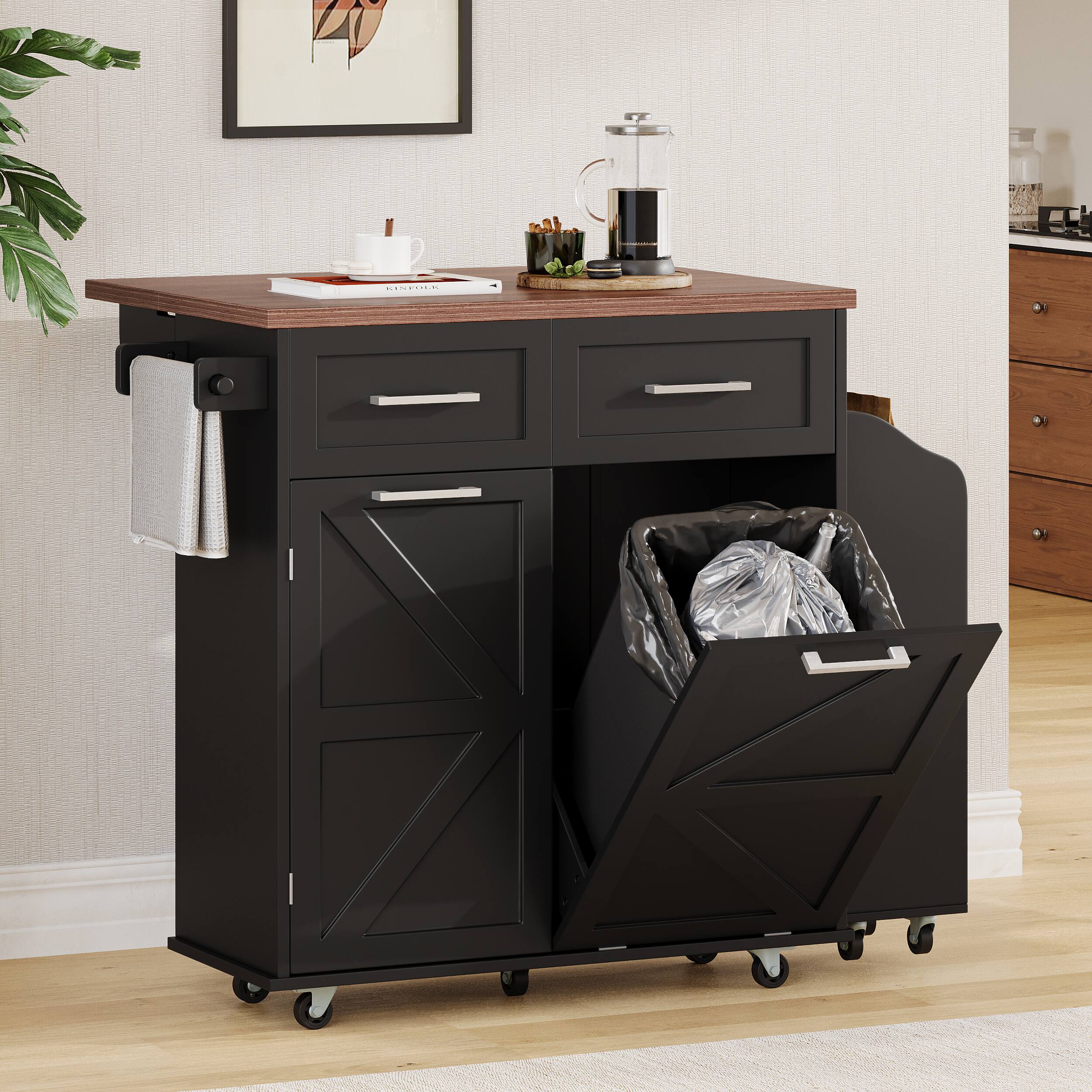 Left. GOODSILO - 47.2"" Farmhouse Kitchen Island with Drop Leaf, Rolling Kitchen Cart, Storage, Drawers & Towel Rack - Black.