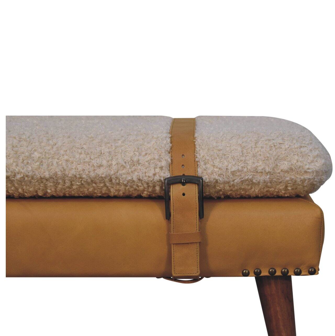 Alt View 1. Artisan Furniture - Artisan Furniture Solid Wood Boucle x Tan Leather Bench, Upholstered, Yellow & Cream - Yellow & Cream.