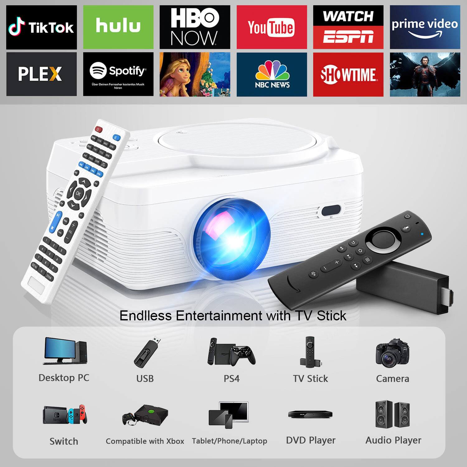 TikTok, Hulu, HBO NOW, YouTube, WATCH ESPN, Prime Video, PLEX, Spotify, NBC NEWS, SHOWTIME.

Endless Entertainment with TV Stick

Compatible with: Desktop PC, USB, PS4, TV Stick, Camera, Switch, Compatible with Xbox, Tablet/Phone/Laptop, DVD Player, Audio Player.