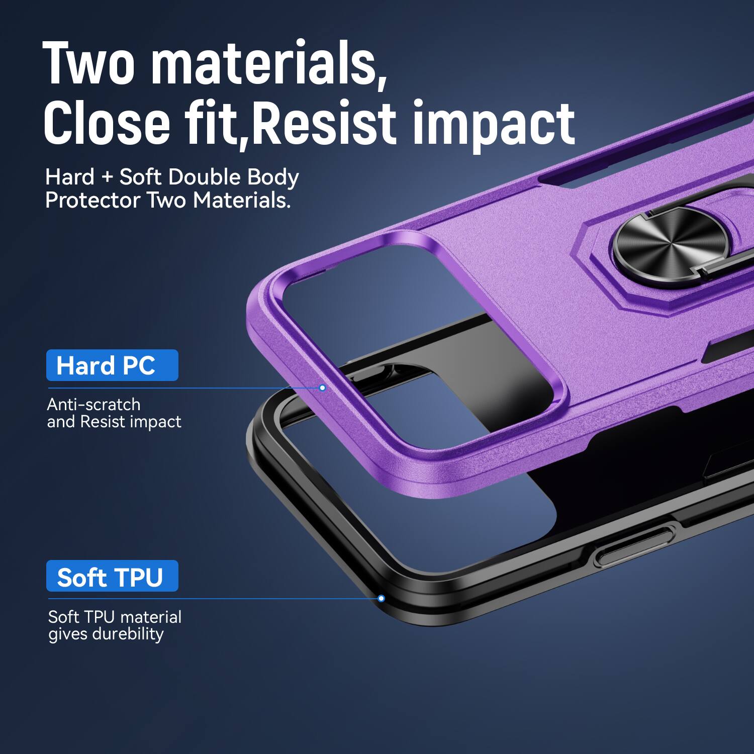 Two materials, Close fit, Resist impact  
Hard + Soft Double Body Protector Two Materials.  
Hard PC  
Anti-scratch and Resist impact  
Soft TPU  
Soft TPU material gives durability