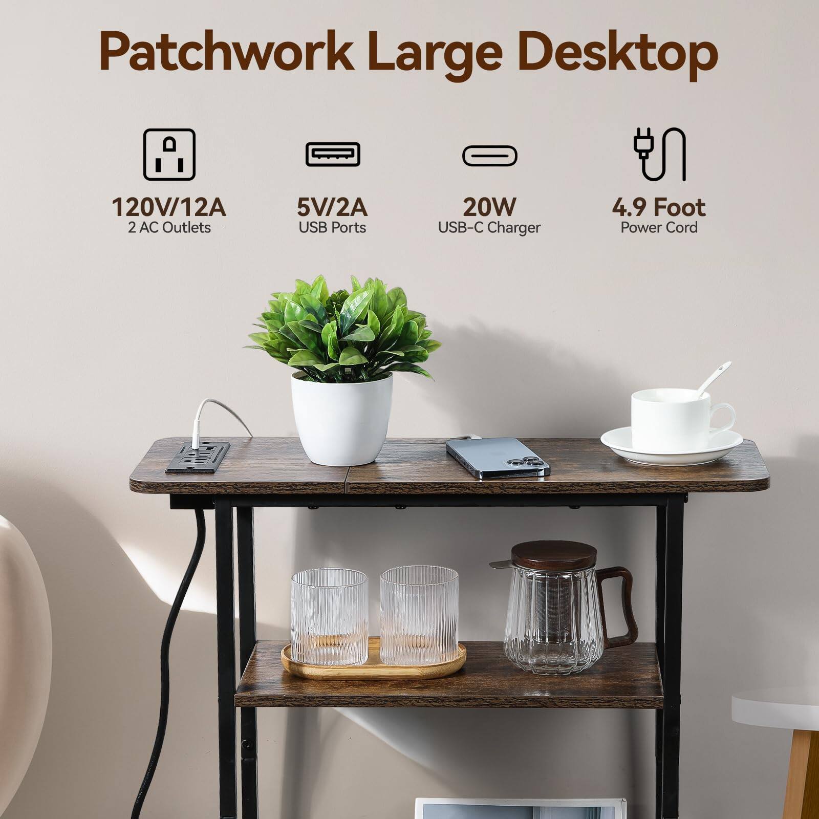 Patchwork Large Desktop

- 120V/12A 2 AC Outlets
- 5V/2A USB Ports
- 20W USB-C Charger
- 4.9 Foot Power Cord